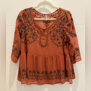 Free People Rust Orange Peplum Blouse with Embellished Details Size Medium